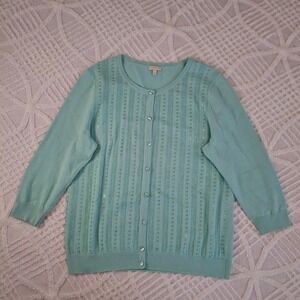 Talbots Women's Large Blue Sequin Striped Button Front Cardigan Sweater  Cotton